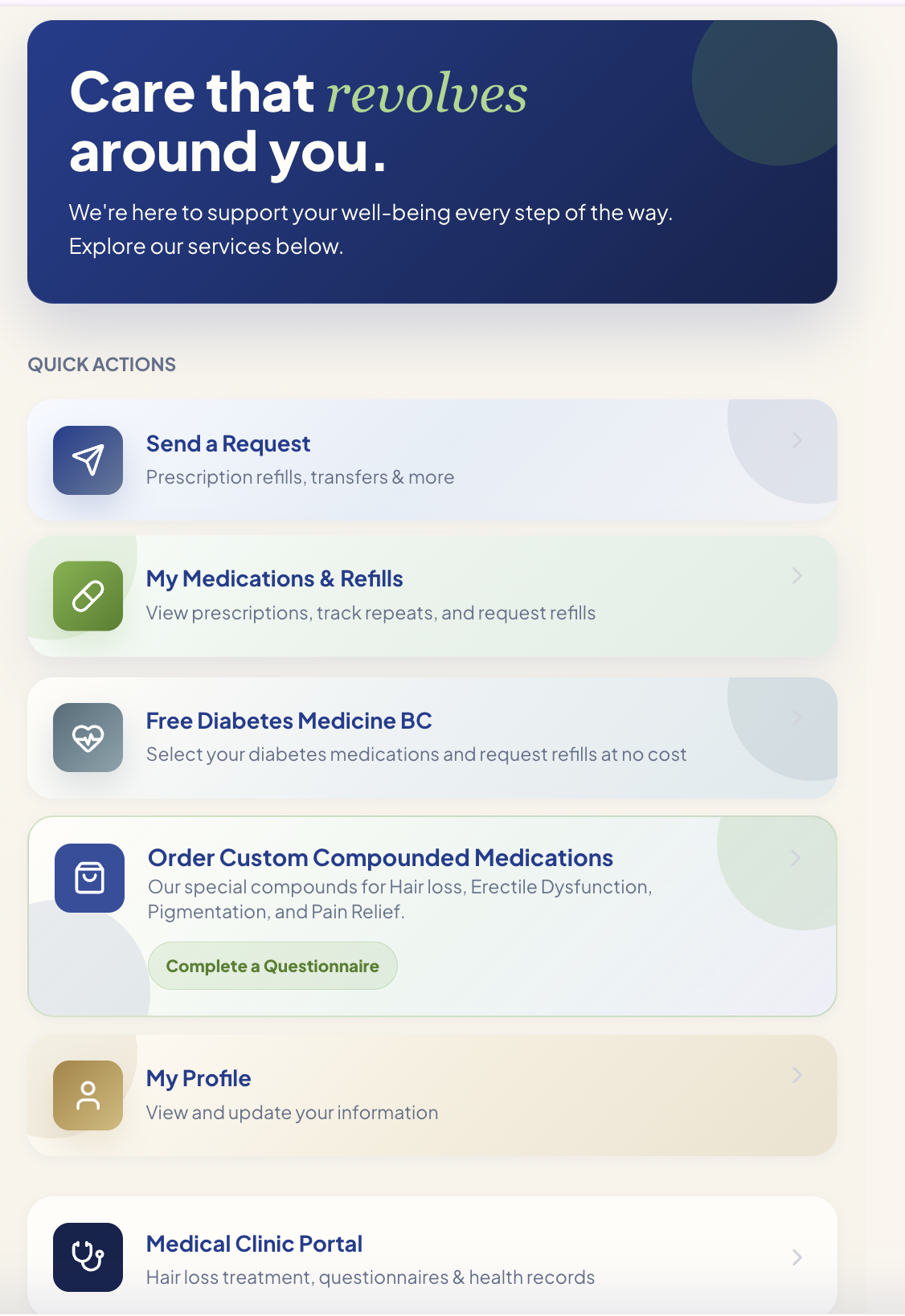 Beyond Pharmacy patient portal: send a request, my medications and refills, free diabetes medicine, custom compounded medications, profile, and clinic portal