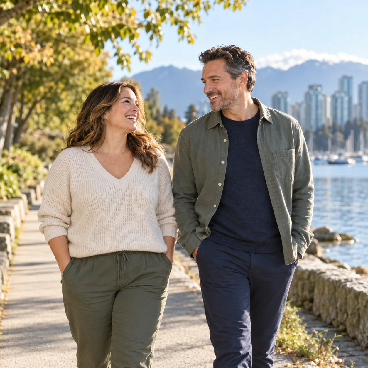 Two adults enjoying a walk together on a leafy waterfront path