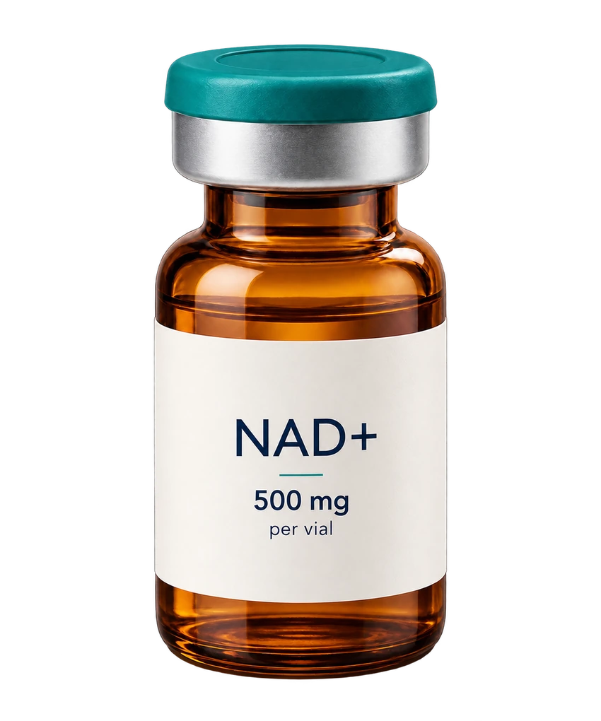 Illustration of an amber vial labelled NAD+ 500 mg per vial with a teal cap