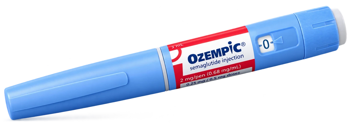 Illustration of a Canadian Ozempic red-label pen delivering 0.25 or 0.5 mg doses