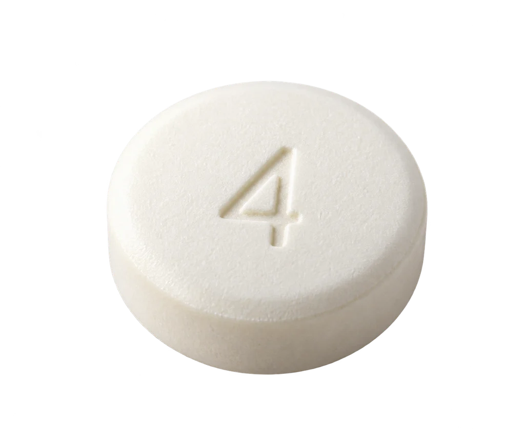 Illustration of a round Rybelsus optimized-formulation tablet with a 4 imprint
